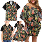 Australia Black Cockatoo And Banksia Flowers Family Matching Off Shoulder Short Dress and Hawaiian Shirt