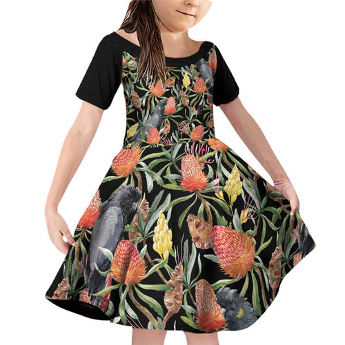 Australia Black Cockatoo And Banksia Flowers Family Matching Off Shoulder Short Dress and Hawaiian Shirt