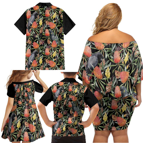 Australia Black Cockatoo And Banksia Flowers Family Matching Off Shoulder Short Dress and Hawaiian Shirt