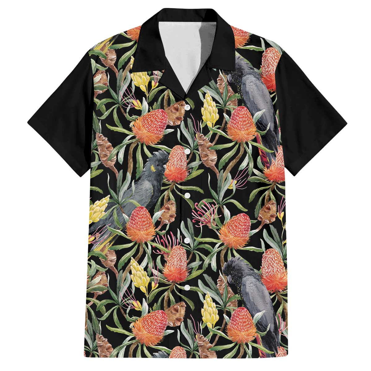 Australia Black Cockatoo And Banksia Flowers Family Matching Off Shoulder Short Dress and Hawaiian Shirt