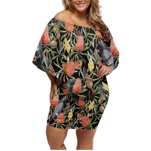 Australia Black Cockatoo And Banksia Flowers Family Matching Off Shoulder Short Dress and Hawaiian Shirt