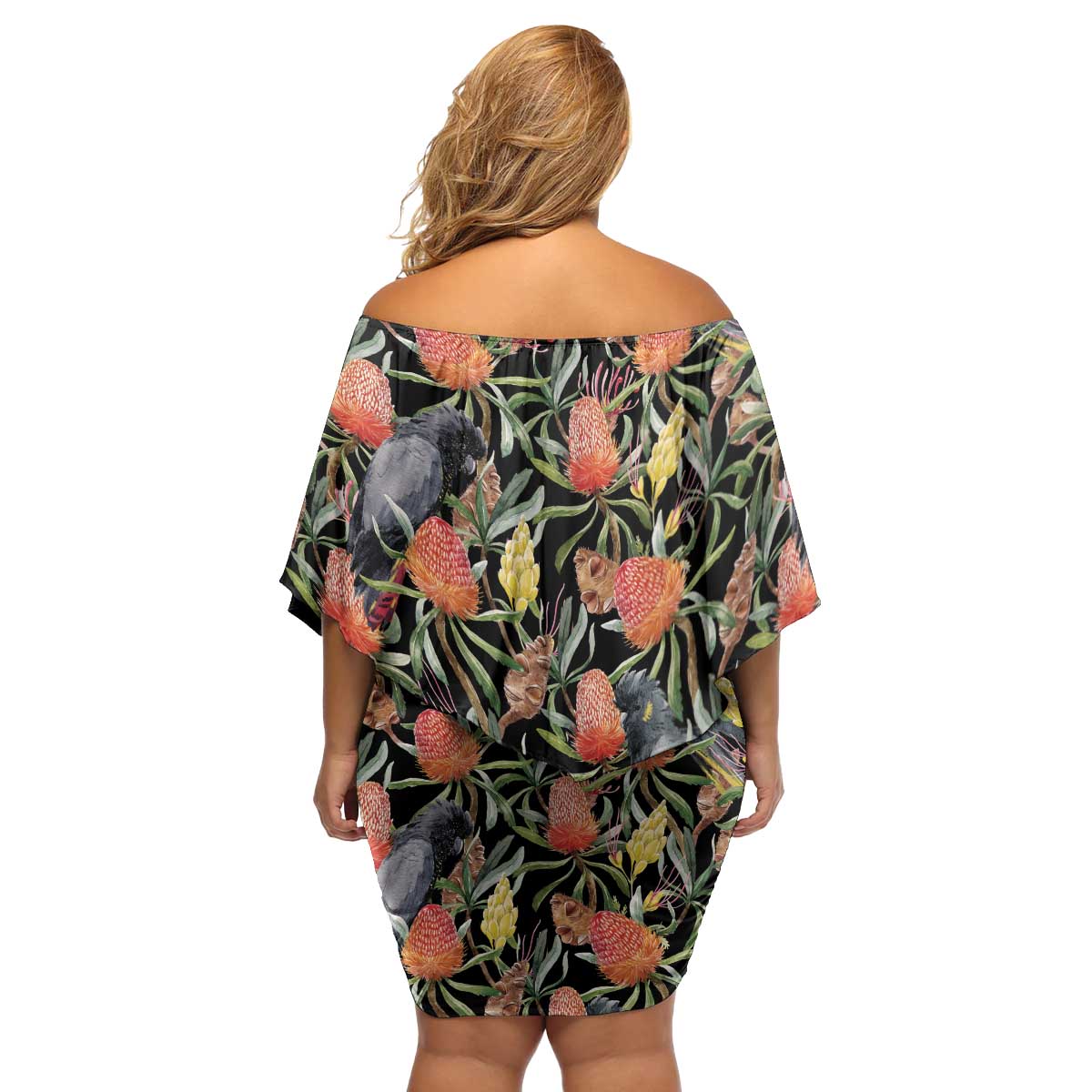 Australia Black Cockatoo And Banksia Flowers Family Matching Off Shoulder Short Dress and Hawaiian Shirt
