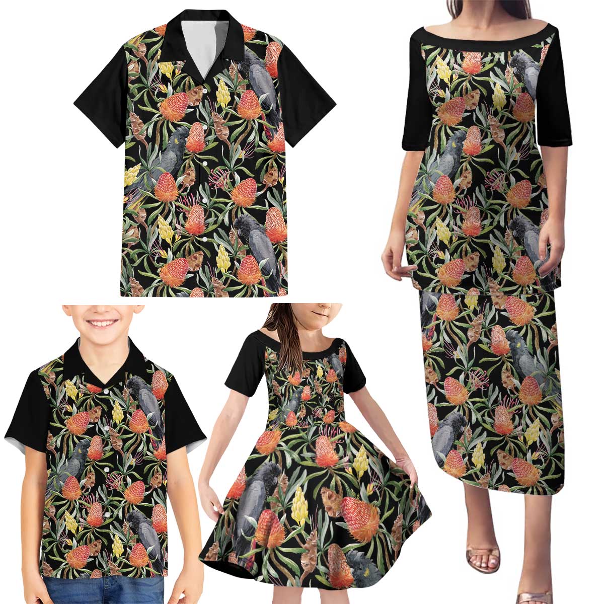 Australia Black Cockatoo And Banksia Flowers Family Matching Puletasi and Hawaiian Shirt