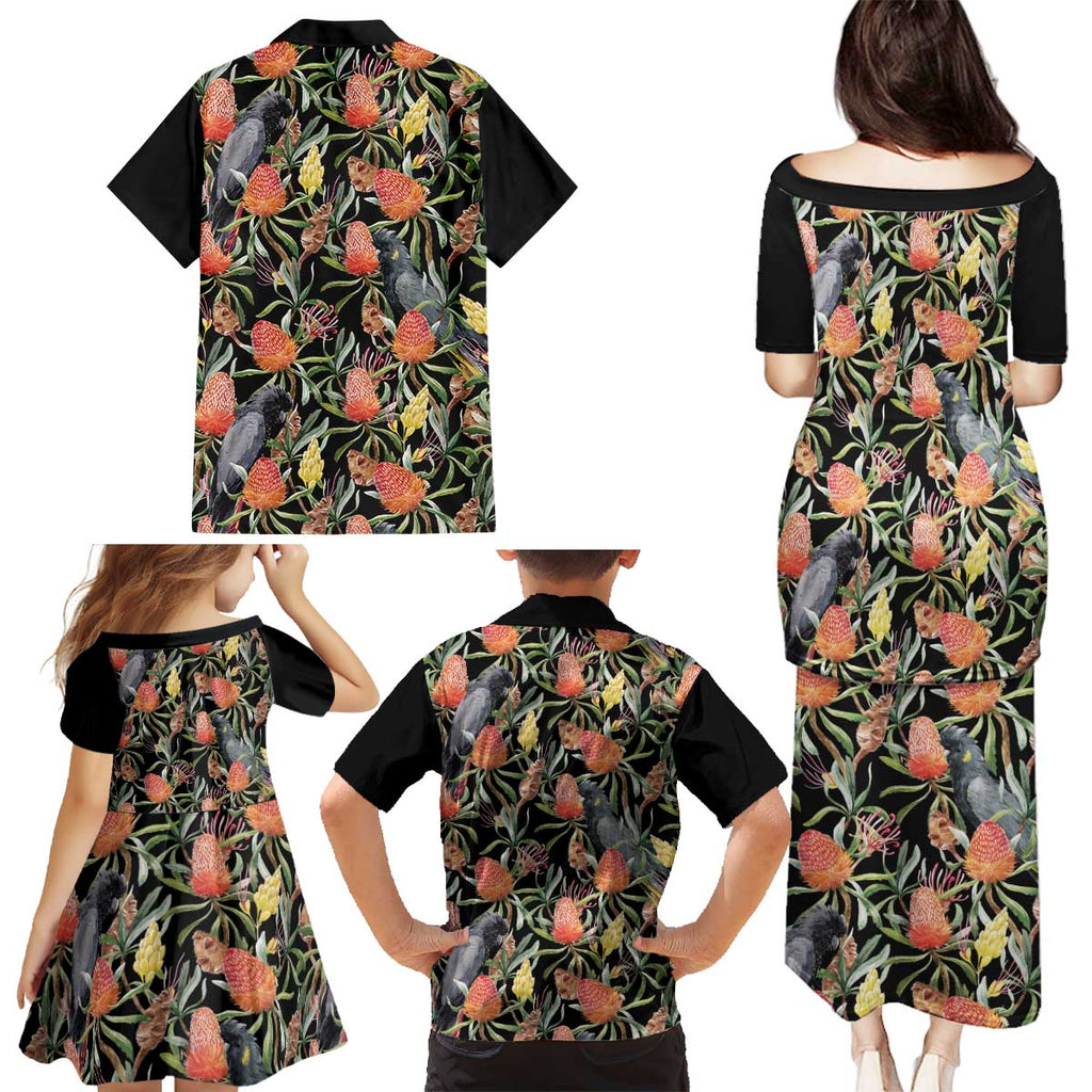 Australia Black Cockatoo And Banksia Flowers Family Matching Puletasi and Hawaiian Shirt