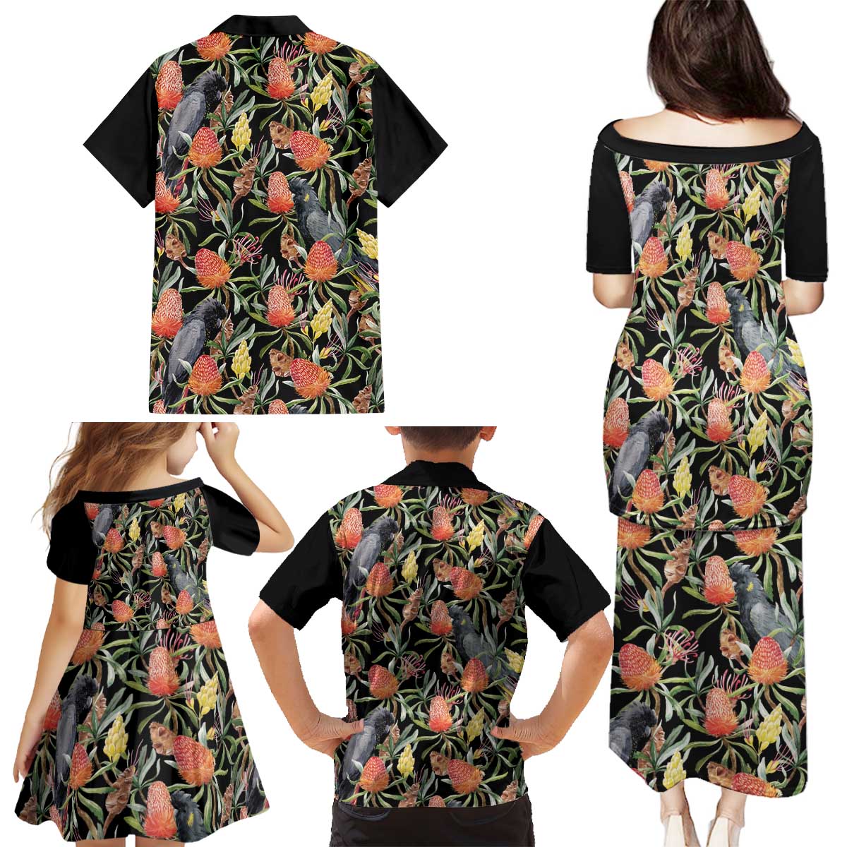 Australia Black Cockatoo And Banksia Flowers Family Matching Puletasi and Hawaiian Shirt