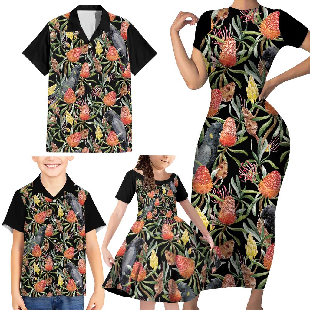 Australia Black Cockatoo And Banksia Flowers Family Matching Short Sleeve Bodycon Dress and Hawaiian Shirt