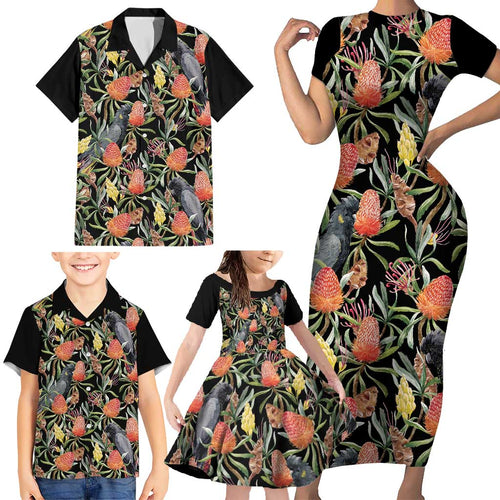 Australia Black Cockatoo And Banksia Flowers Family Matching Short Sleeve Bodycon Dress and Hawaiian Shirt