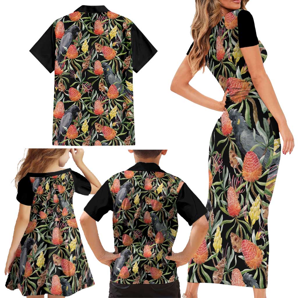 Australia Black Cockatoo And Banksia Flowers Family Matching Short Sleeve Bodycon Dress and Hawaiian Shirt