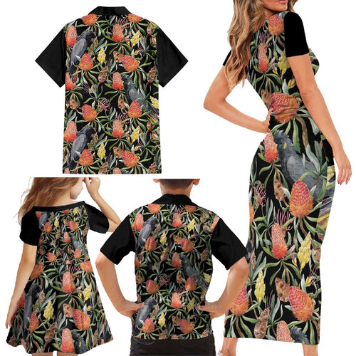 Australia Black Cockatoo And Banksia Flowers Family Matching Short Sleeve Bodycon Dress and Hawaiian Shirt