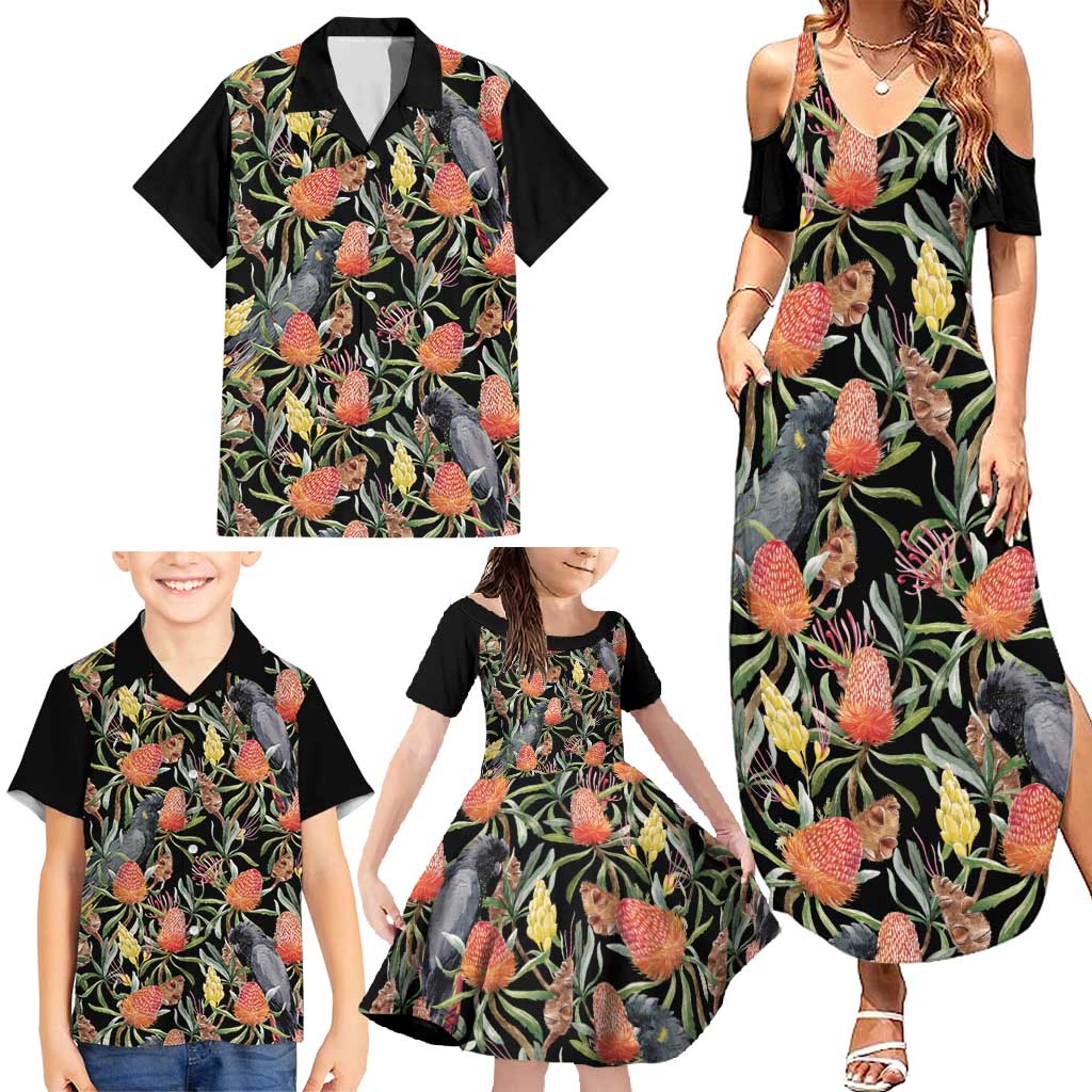 Australia Black Cockatoo And Banksia Flowers Family Matching Summer Maxi Dress and Hawaiian Shirt