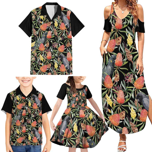 Australia Black Cockatoo And Banksia Flowers Family Matching Summer Maxi Dress and Hawaiian Shirt