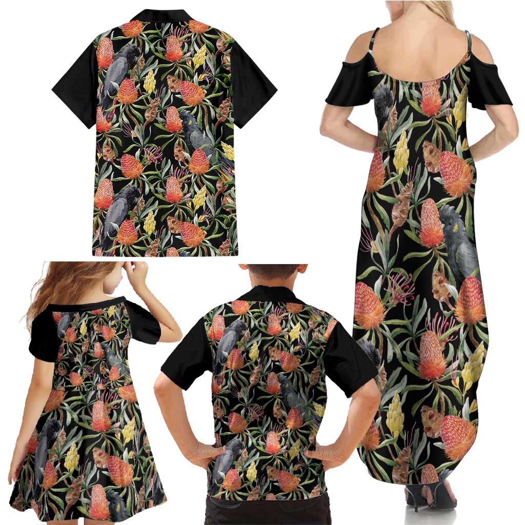 Australia Black Cockatoo And Banksia Flowers Family Matching Summer Maxi Dress and Hawaiian Shirt