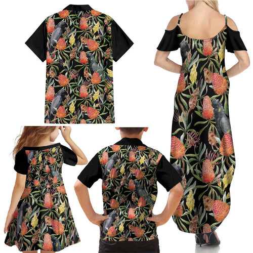 Australia Black Cockatoo And Banksia Flowers Family Matching Summer Maxi Dress and Hawaiian Shirt
