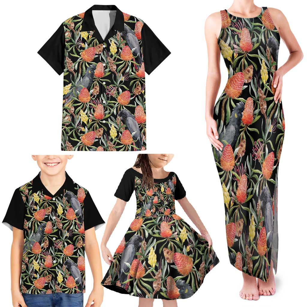 Australia Black Cockatoo And Banksia Flowers Family Matching Tank Maxi Dress and Hawaiian Shirt