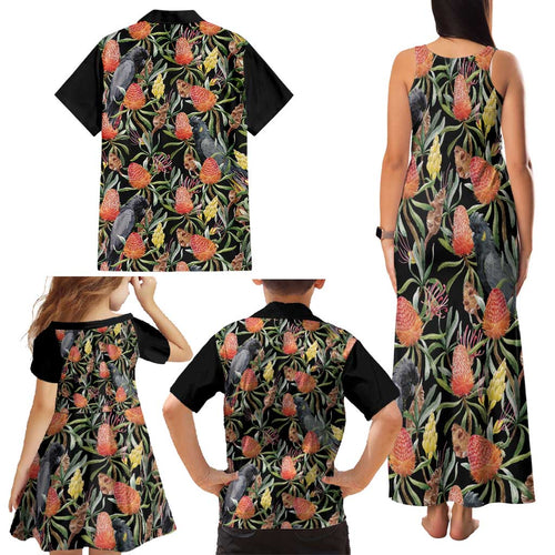 Australia Black Cockatoo And Banksia Flowers Family Matching Tank Maxi Dress and Hawaiian Shirt