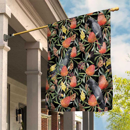 Australia Black Cockatoo And Banksia Flowers Garden Flag