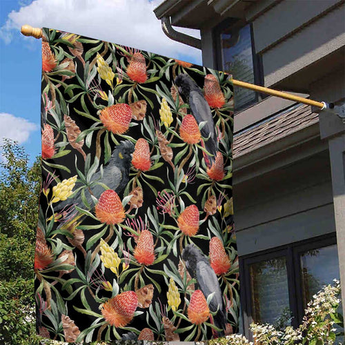 Australia Black Cockatoo And Banksia Flowers Garden Flag
