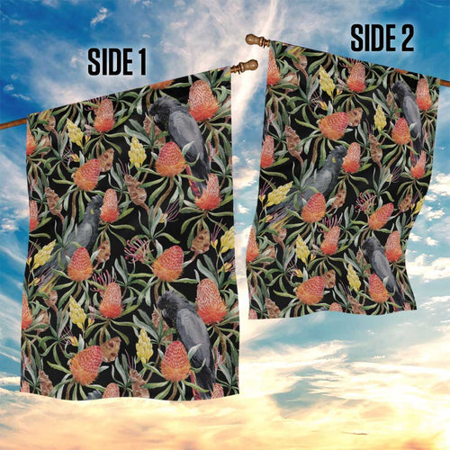 Australia Black Cockatoo And Banksia Flowers Garden Flag