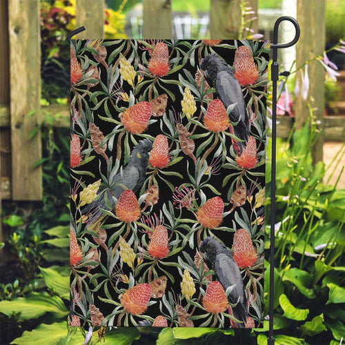 Australia Black Cockatoo And Banksia Flowers Garden Flag