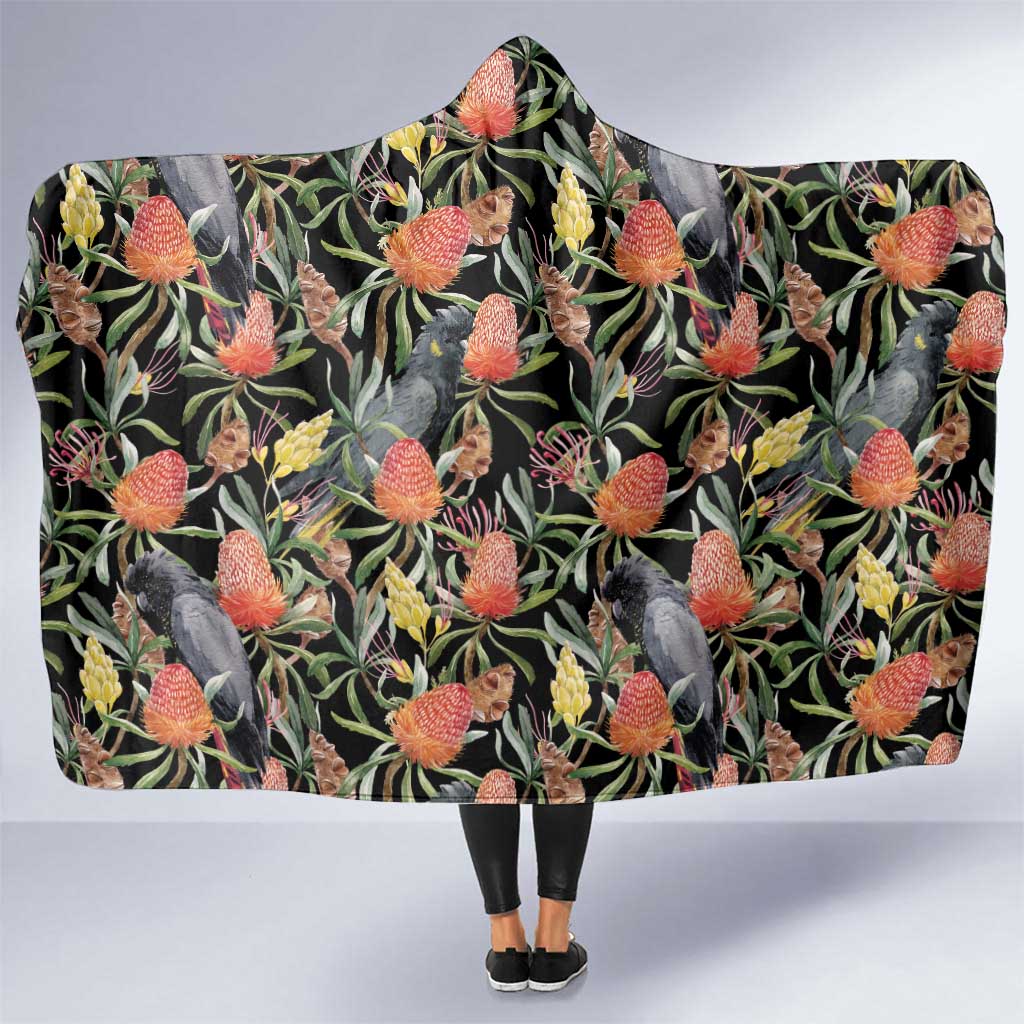 Australia Black Cockatoo And Banksia Flowers Hooded Blanket