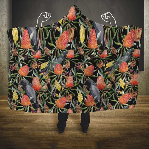 Australia Black Cockatoo And Banksia Flowers Hooded Blanket