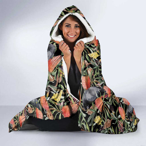 Australia Black Cockatoo And Banksia Flowers Hooded Blanket