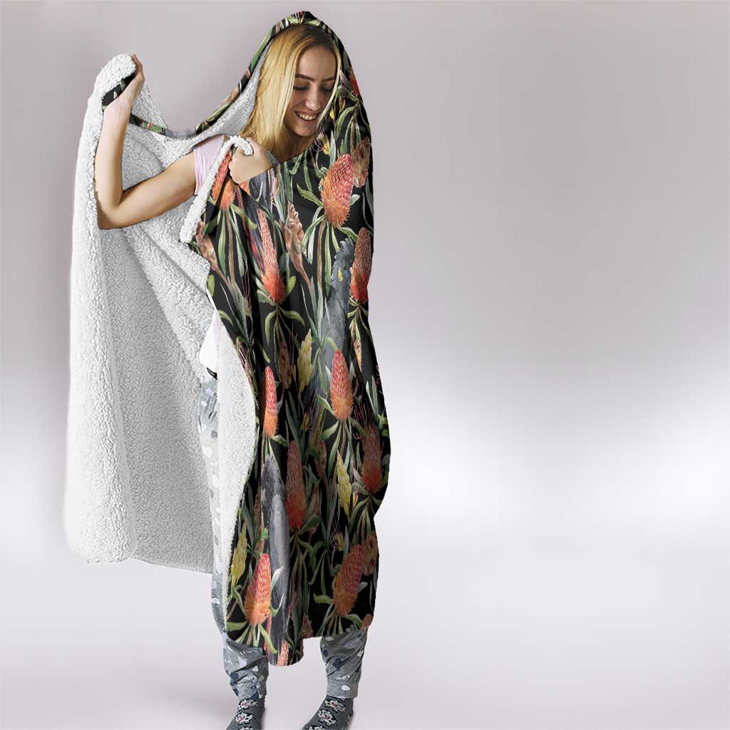 Australia Black Cockatoo And Banksia Flowers Hooded Blanket