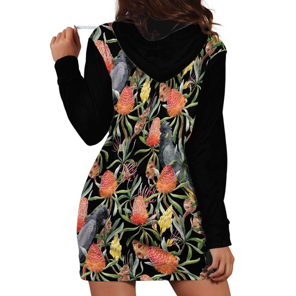 Australia Black Cockatoo And Banksia Flowers Hoodie Dress