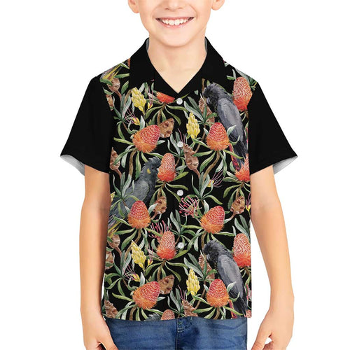 Australia Black Cockatoo And Banksia Flowers Kid Hawaiian Shirt