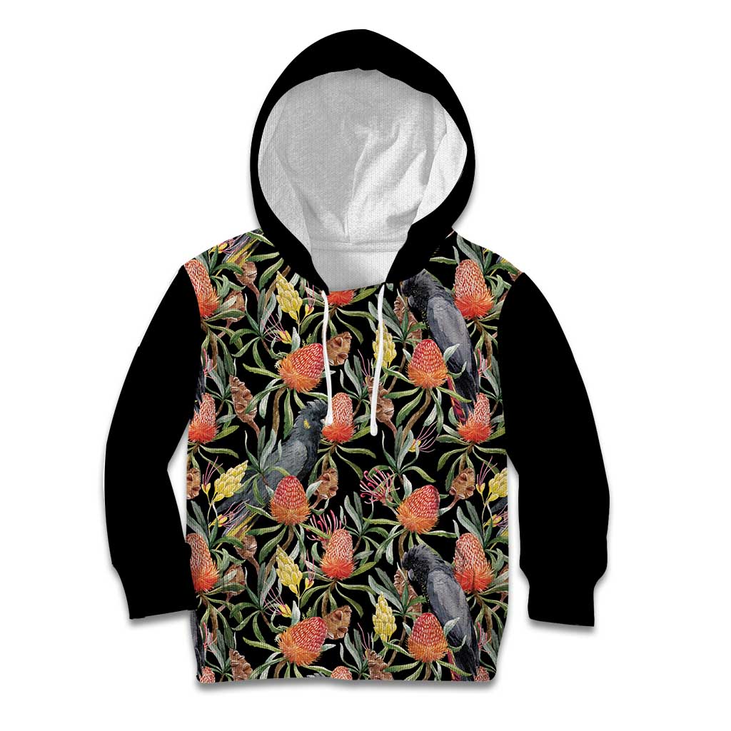 Australia Black Cockatoo And Banksia Flowers Kid Hoodie