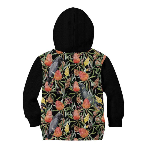 Australia Black Cockatoo And Banksia Flowers Kid Hoodie