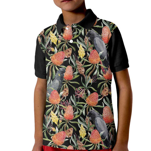 Australia Black Cockatoo And Banksia Flowers Kid Polo Shirt