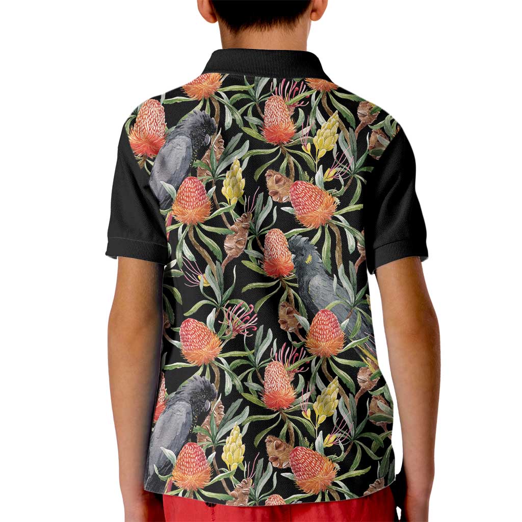 Australia Black Cockatoo And Banksia Flowers Kid Polo Shirt