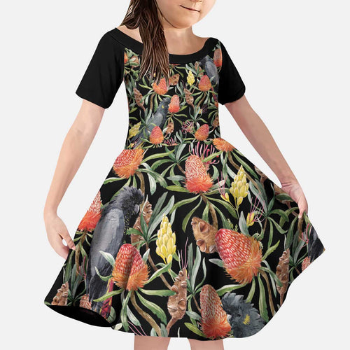 Australia Black Cockatoo And Banksia Flowers Kid Short Sleeve Dress
