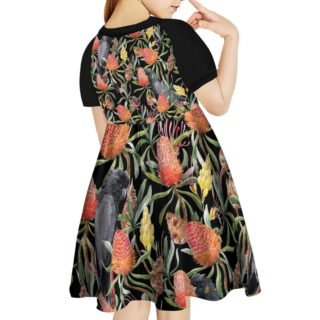 Australia Black Cockatoo And Banksia Flowers Kid Short Sleeve Dress