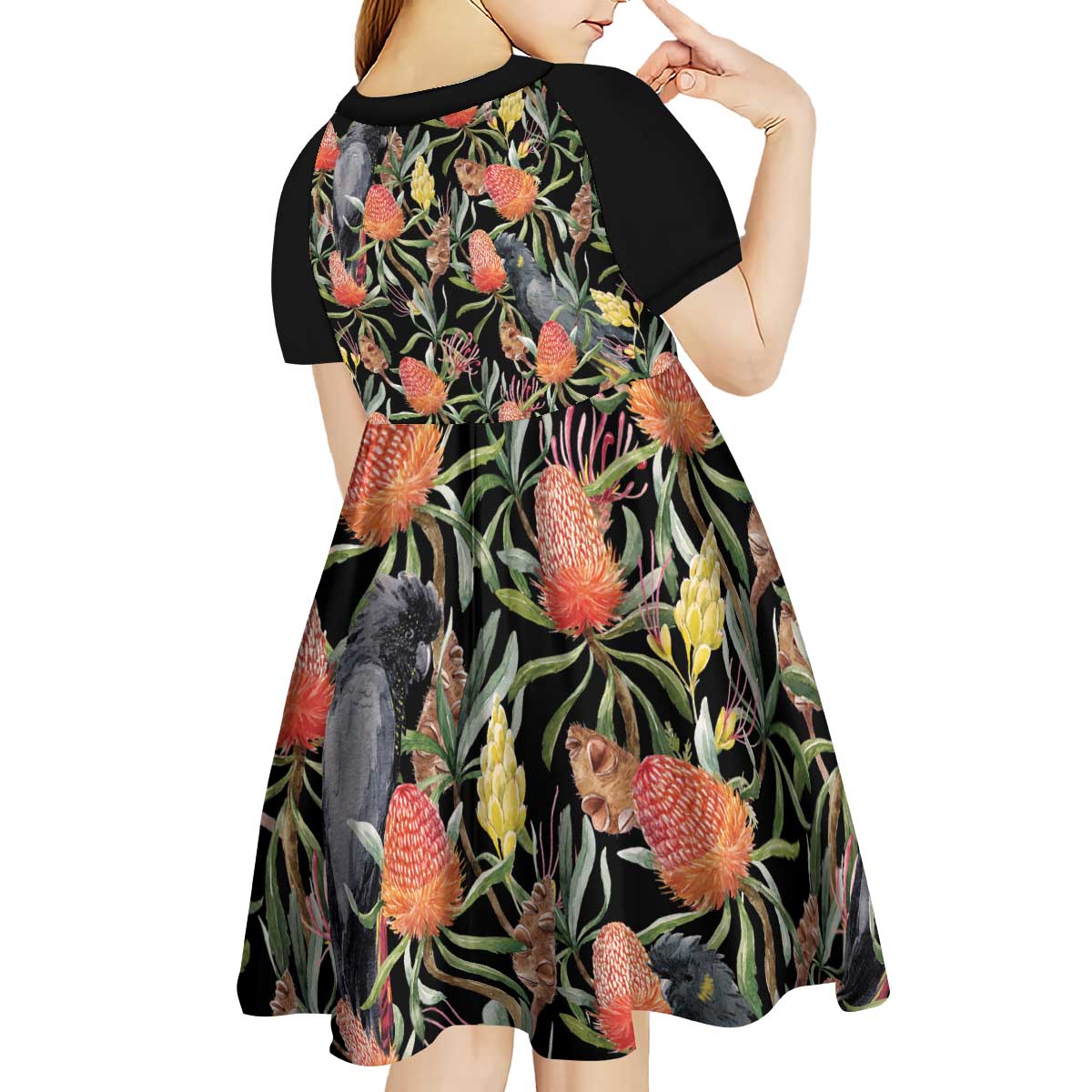 Australia Black Cockatoo And Banksia Flowers Kid Short Sleeve Dress