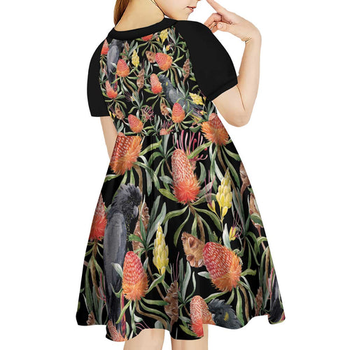 Australia Black Cockatoo And Banksia Flowers Kid Short Sleeve Dress