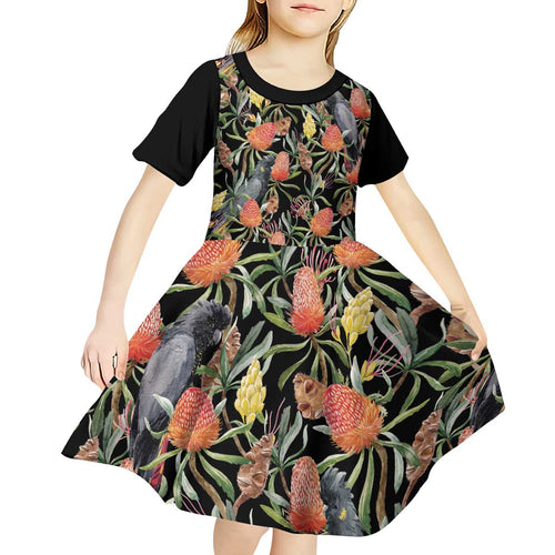 Australia Black Cockatoo And Banksia Flowers Kid Short Sleeve Dress