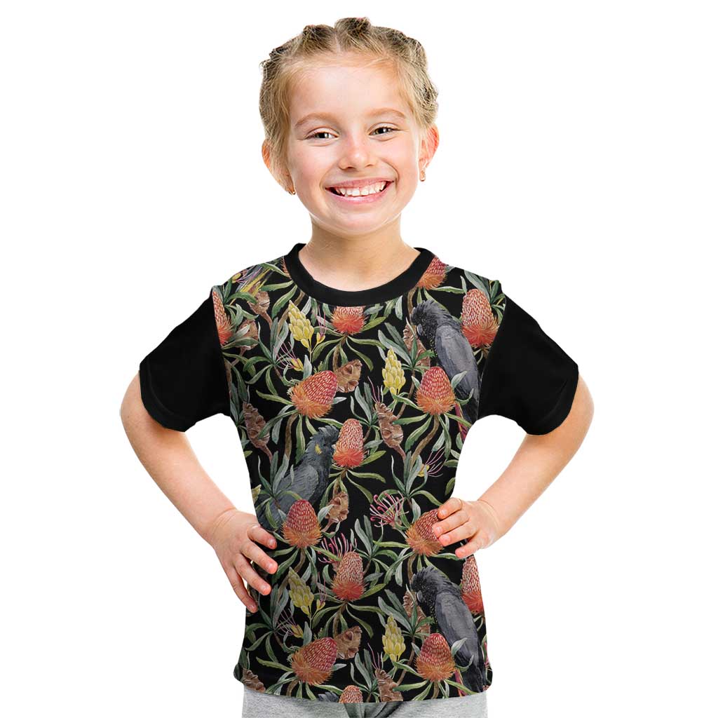 Australia Black Cockatoo And Banksia Flowers Kid T Shirt