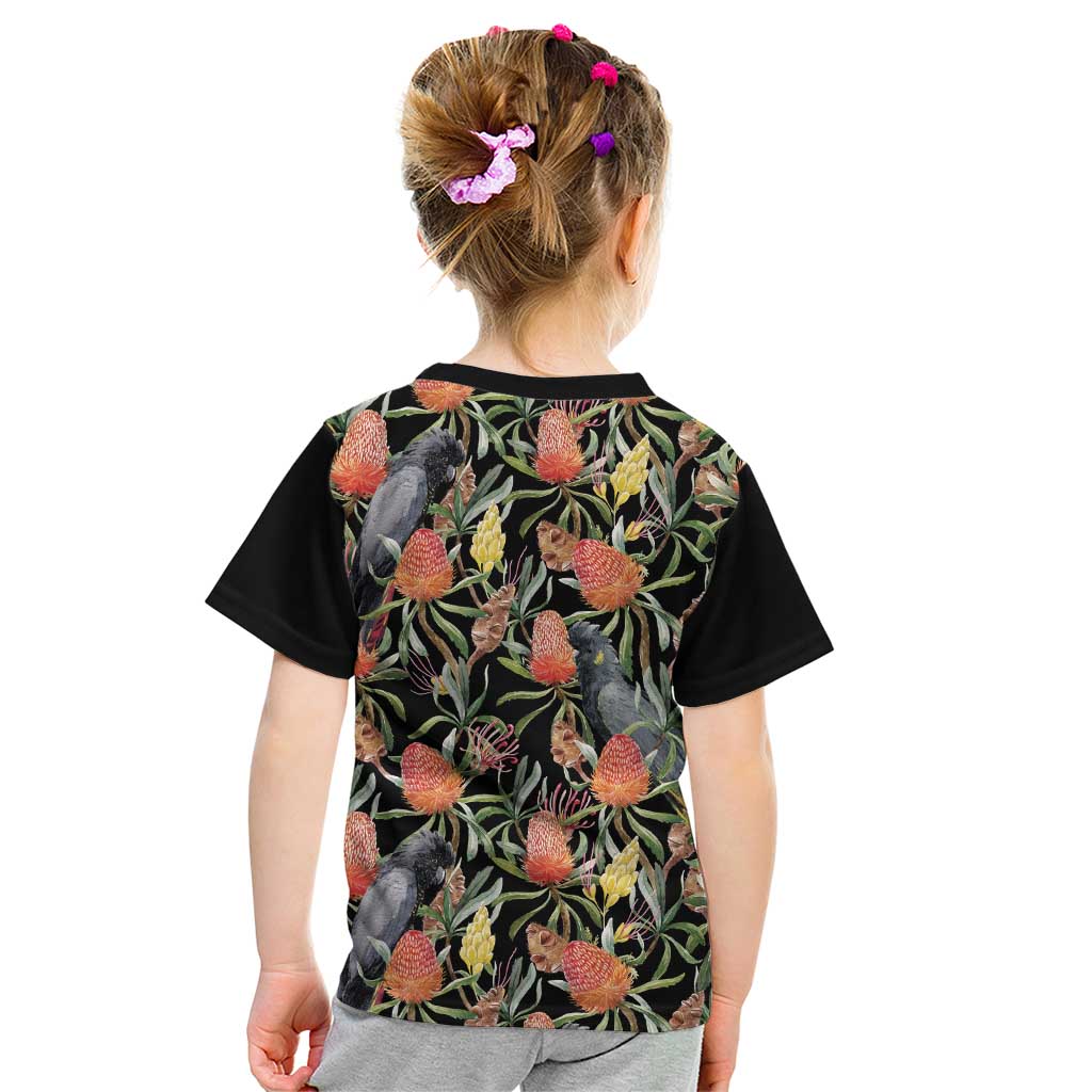 Australia Black Cockatoo And Banksia Flowers Kid T Shirt