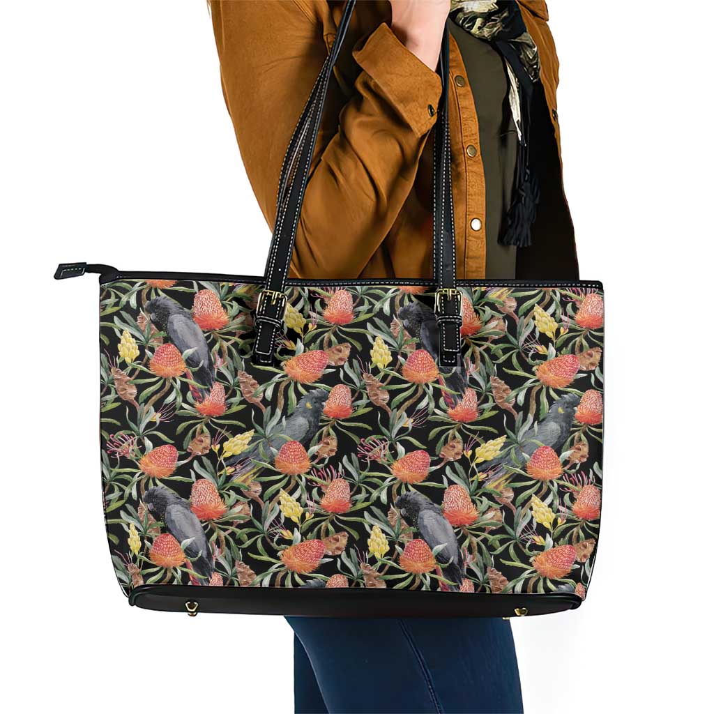 Australia Black Cockatoo And Banksia Flowers Leather Tote Bag