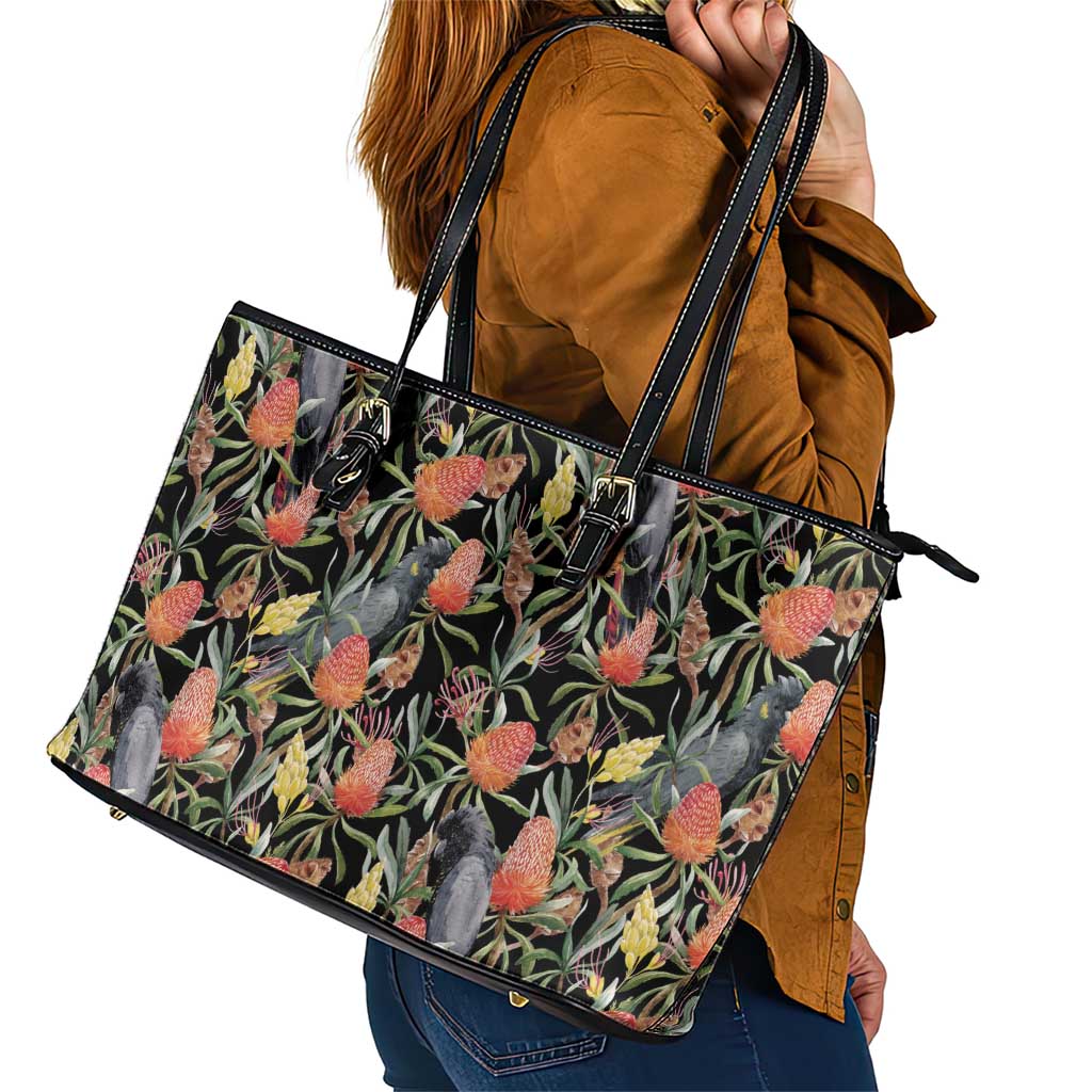 Australia Black Cockatoo And Banksia Flowers Leather Tote Bag