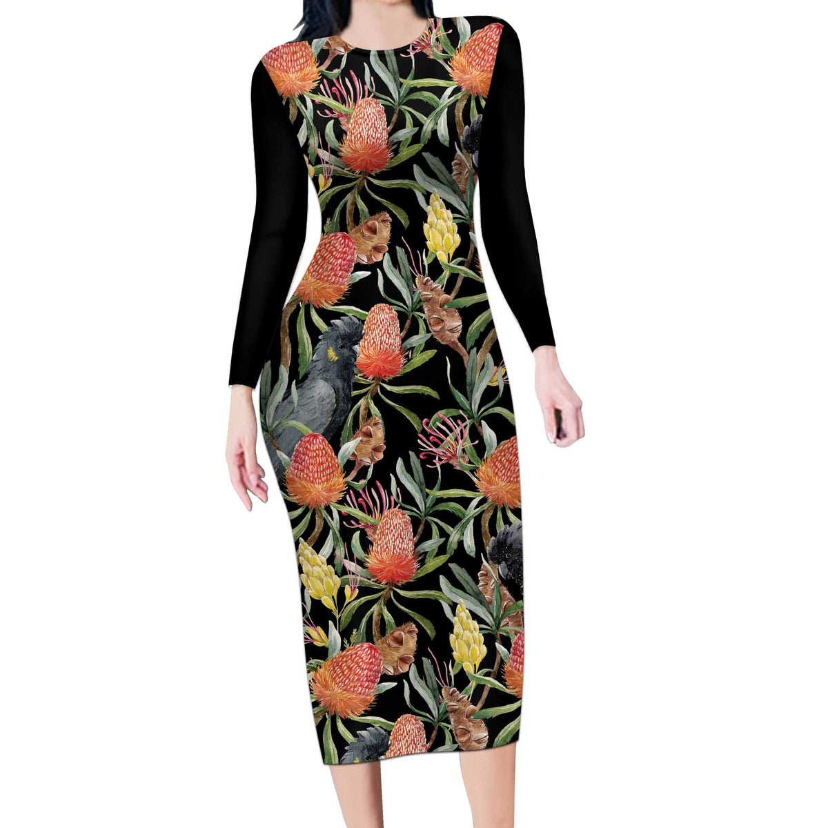 Australia Black Cockatoo And Banksia Flowers Long Sleeve Bodycon Dress