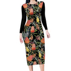 Australia Black Cockatoo And Banksia Flowers Long Sleeve Bodycon Dress