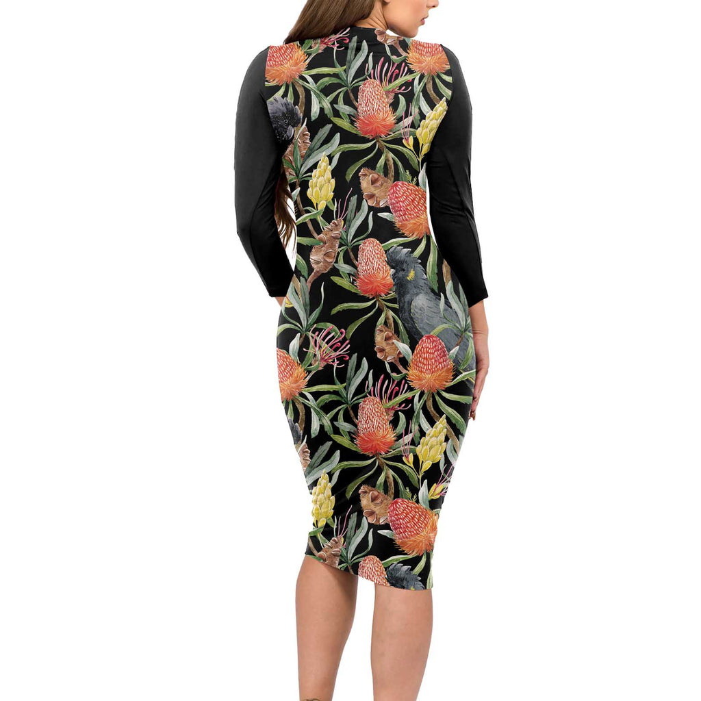 Australia Black Cockatoo And Banksia Flowers Long Sleeve Bodycon Dress