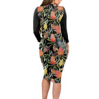Australia Black Cockatoo And Banksia Flowers Long Sleeve Bodycon Dress