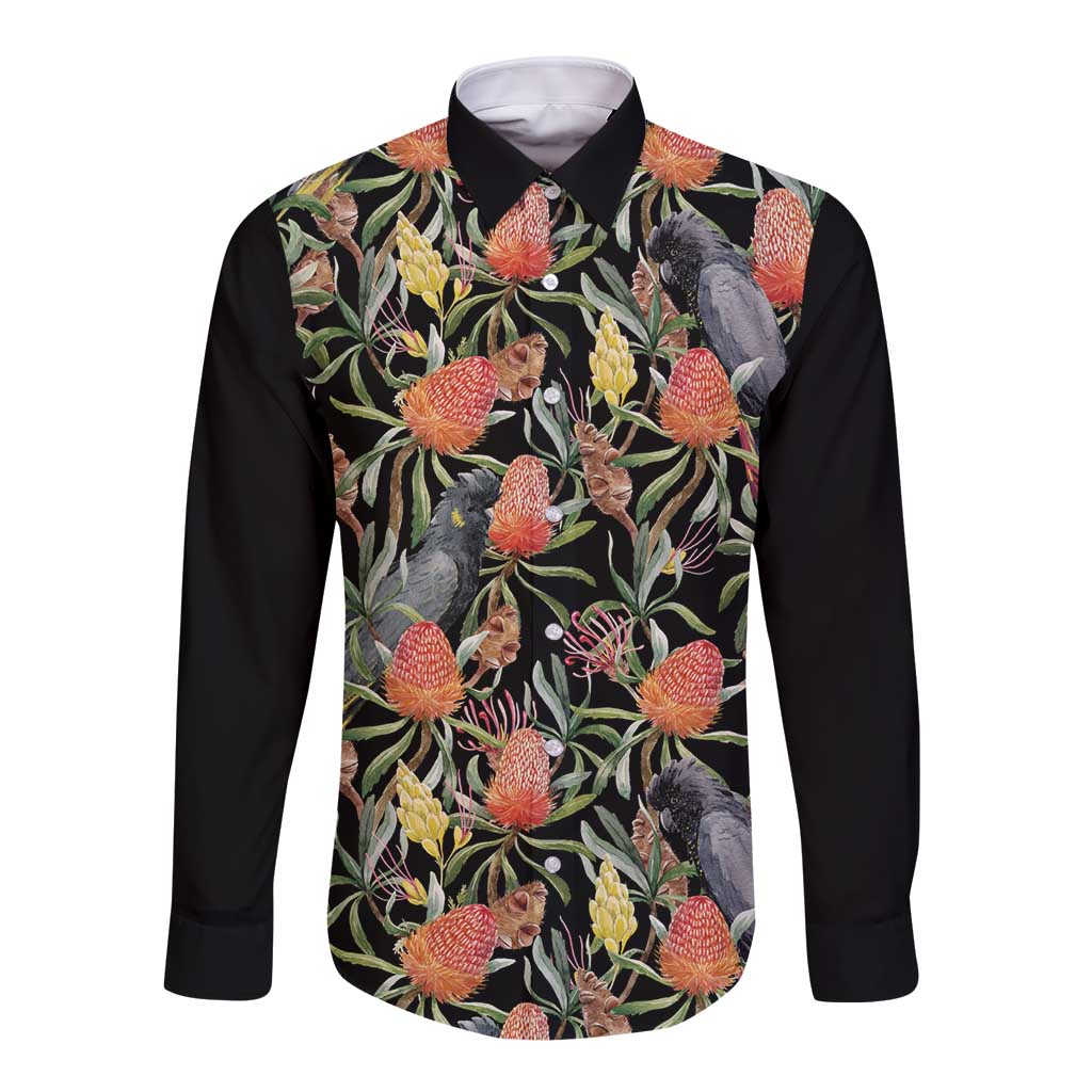 Australia Black Cockatoo And Banksia Flowers Long Sleeve Button Shirt