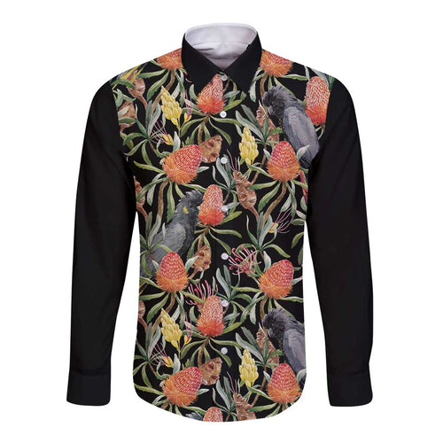 Australia Black Cockatoo And Banksia Flowers Long Sleeve Button Shirt
