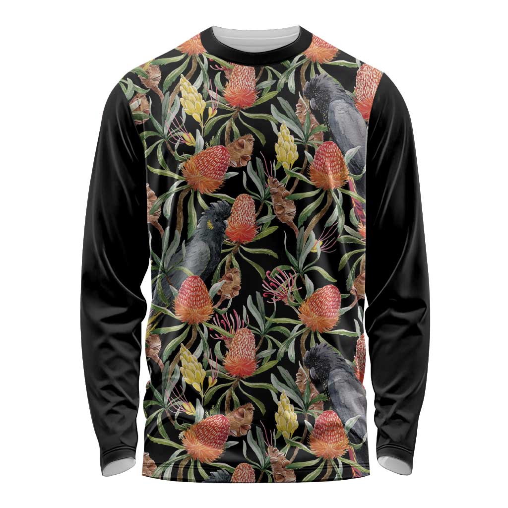 Australia Black Cockatoo And Banksia Flowers Long Sleeve Shirt