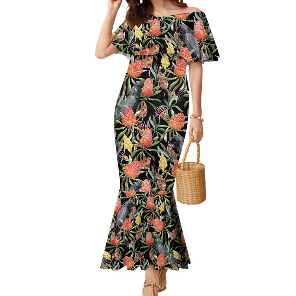 Australia Black Cockatoo And Banksia Flowers Mermaid Dress